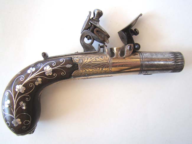 A Cased pair of Antique silver mounted Flintlock Pocket Pistols by James Collins, London, circa 1825-1832 — image 3